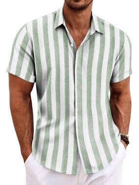 Men's Light Green-white Stripes Classic Beach Linen Short Sleeve Casual Imported